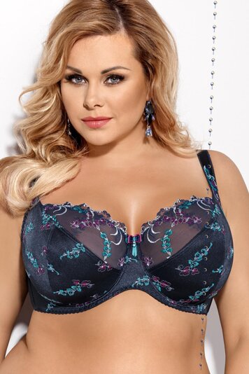 Gorsenia K289 Nathalie underwired non padded bra full cup with floral embroidery, Navy Blue