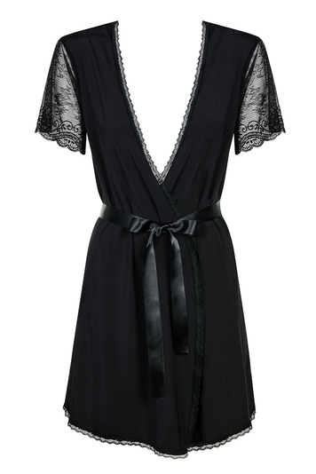 Obsessive Miamor black beautifully finished robe with lacy sleeves and satin waist belt (matching thong in the set), Black