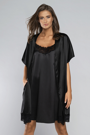 Italian Fashion satin dressing gown kimono style lace details Dotyk kr.r, Black