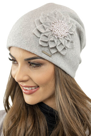 Vivisence Classic Ladies Hat with Wool Flower Appliqué 7052, Made in EU , Light Grey