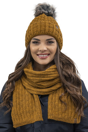 Vivisence Damen Winter Hat with Bobble and Scarf Set Warm and Cozy Headgear for Winter and Autumn Warm Thick, Winter Set for Ladies, Made in The EU, Dark Yellow