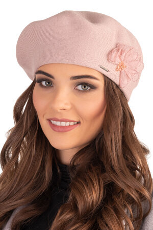 Vivisence Elegant Ladies Beret With Floral Decoration Made From Warm And Soft Woolen Fabric Ideal For Cold Winter Days Perfect For Everyday Wear Or Outdoor Activities , Light Pink