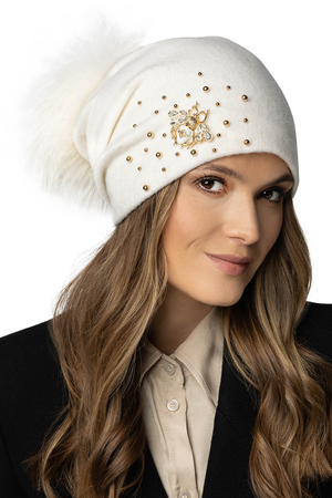 Vivisence Elegant Women's Winter Hat with Detachable Pom-Pom Luxurious Hand-Embroidered Insect Decoration Warm Fleece Lining Perfect Fit for Cold Winter And Autumn Days, Ecru