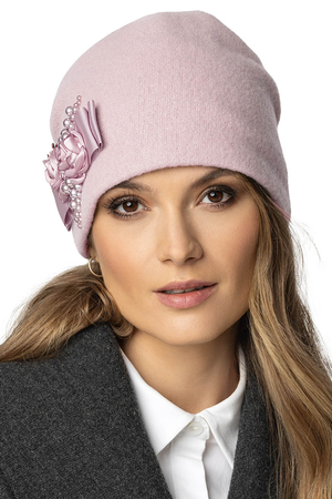 Vivisence Elegant Women's Winter Hat with Hand-Tanned Satin Roses Pearls Made From Warm And Soft Wool Perfect Fit with Elastic Band for Cold Winter And Autumn Days, Powder Pink