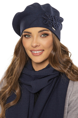 Vivisence Elegant Women's Winter Set Beret And Scarf With Classic Design And Floral Decoration Made Of Warm And Soft Fabric With Wool Blend Ideal For Cold Winter Days , Dark Blue