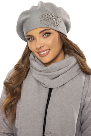 Vivisence Elegant Women's Winter Set Beret And Scarf With Classic Design And Floral Decoration Made Of Warm And Soft Fabric With Wool Blend Ideal For Cold Winter Days , Light Grey