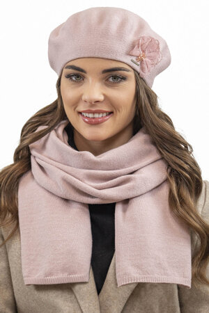 Vivisence Elegant Women's Winter Set Classic Beret And Matching Wool Scarf Made From Warm And Soft Fabric Ideal For Cold Winter And Autumn Weather, Light Pink