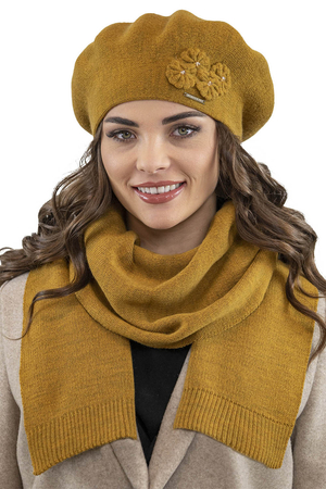 Vivisence Elegant Women's Winter Set Including Classic Beret With Floral Decoration And Matching Long Warm Wool Scarf Ideal For Cold Winter And Autumn Days , Honey