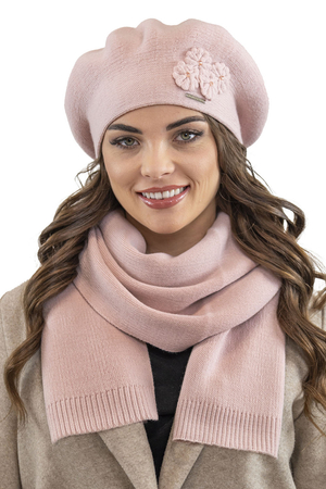 Vivisence Elegant Women's Winter Set Including Classic Beret With Floral Decoration And Matching Long Warm Wool Scarf Ideal For Cold Winter And Autumn Days , Light Pink