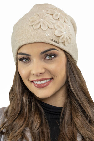 Vivisence Elegant Woolen Cap For Women With Floral Decoration Made From Warm Woolen Fabric Static-Free Effect Perfect Fit Ideal For Cold Winter And Autumn Days, Beige