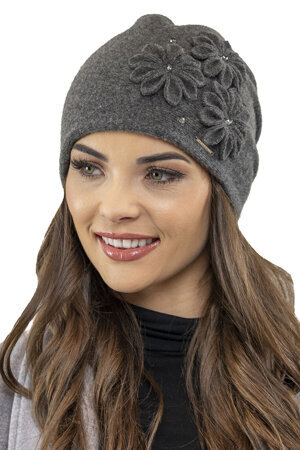 Vivisence Elegant Woolen Cap For Women With Floral Decoration Made From Warm Woolen Fabric Static-Free Effect Perfect Fit Ideal For Cold Winter And Autumn Days, Dark Grey