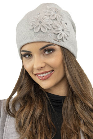 Vivisence Elegant Woolen Cap For Women With Floral Decoration Made From Warm Woolen Fabric Static-Free Effect Perfect Fit Ideal For Cold Winter And Autumn Days, Light Grey