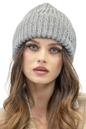 Vivisence Fashionable Women's Winter Beanie Hat With Turned-Up Hem Warm And Soft Thick Ribbed Yarn Glittering Threads And Sequins Ideal For Cold Autumn And Winter Weather, Light Grey