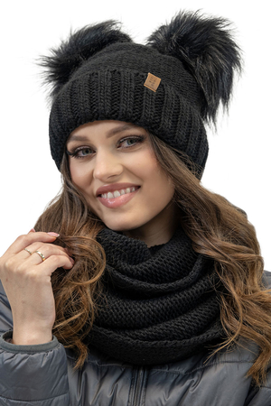 Vivisence Fashionable Women’s Winter Set Perfectly Fitted Hat with Dual Eco-Friendly Pom-Poms and Soft Anti-Static Fleece Lining Foldable Snood Scarf Ideal For Cold Weather, Black