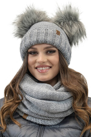 Vivisence Fashionable Women’s Winter Set Perfectly Fitted Hat with Dual Eco-Friendly Pom-Poms and Soft Anti-Static Fleece Lining Foldable Snood Scarf Ideal For Cold Weather, Light Grey