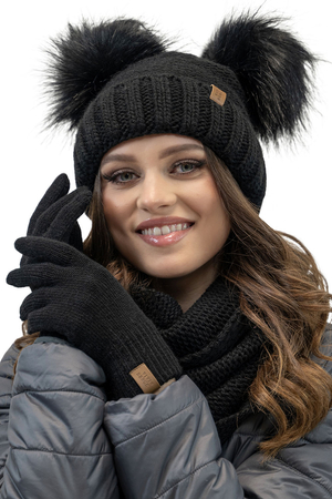 Vivisence Fashionable Women’s Winter Set Perfectly Fitted Hat with Dual Pom-Poms Soft Anti-Static Fleece Lining Foldable Snood Scarf and Warm Gloves with Wide Welt Finish, Black