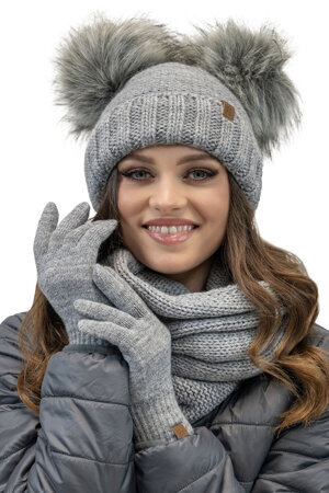 Vivisence Fashionable Women’s Winter Set Perfectly Fitted Hat with Dual Pom-Poms Soft Anti-Static Fleece Lining Foldable Snood Scarf and Warm Gloves with Wide Welt Finish, Light Grey