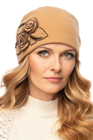 Vivisence Handmade Elegant Women's Cap With Floral Applique And Beads Made From Warm Wool Perfect Fit Static-Free Effect Ideal For Cold Winter Days , Beige