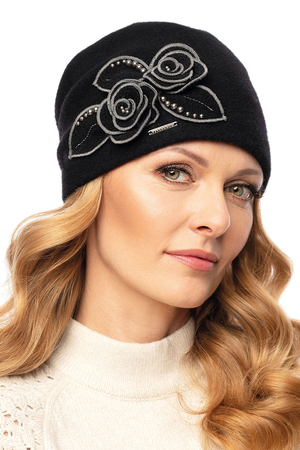 Vivisence Handmade Elegant Women's Cap With Floral Applique And Beads Made From Warm Wool Perfect Fit Static-Free Effect Ideal For Cold Winter Days , Black