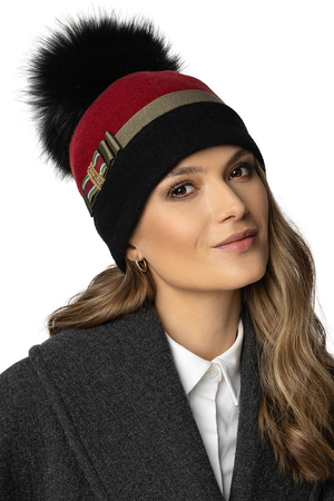 Vivisence Luxurious Handmade Winter Women's Beanie with Detachable Pom-Pom Elegant Bow Embellished with Gold Zircons Fleece-Lined for Warmth Ideal For Cold Winter And Autumn Days, Black