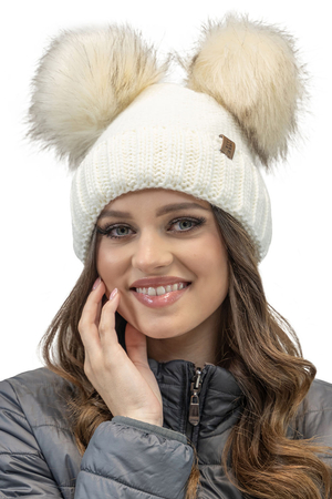 Vivisence Sensational Women’s Winter Cap with Dual Eco-Friendly Pom-Poms Soft Antistatic Fleece Lining Warm Yarn Construction Perfect for Cold Days, Ecru