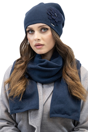 Vivisence Stylish Winter Set For Women Classic Hat And Scarf Made Of Warm And Soft Fabric With Wool Blend With Floral Decoration Perfect For Cold Winter And Autumn Days, Dark Blue