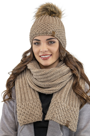 Vivisence Stylish Winter Set Including Warm Hat With Pompom And Matching Scarf Made From Warm And Soft Fleece-Lined Fabric Ideal For Cold Winter Days , Beige