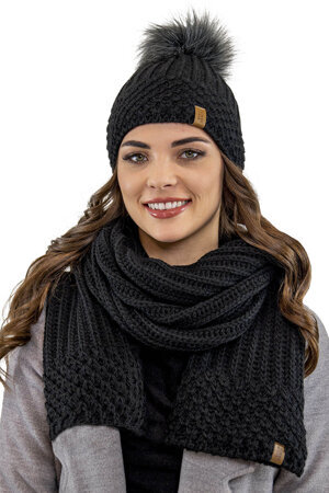 Vivisence Stylish Winter Set Including Warm Hat With Pompom And Matching Scarf Made From Warm And Soft Fleece-Lined Fabric Ideal For Cold Winter Days , Black