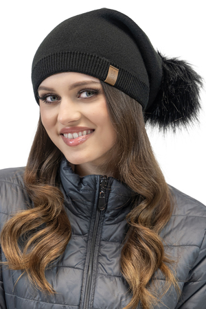 Vivisence Stylish Winter Women's Hat with Pom-Pom and Secure Extended Back Made from Warm Yarn with Double-Folded Bottom Unlined Interior Perfect for Cold Winter Days, Black