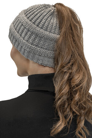 Vivisence Stylish Women's Winter Hat With Ponytail Opening Elastic Band Comfortable Made From Warm Yarn Fashionable Weave Perfect For Cold Days, Light Grey