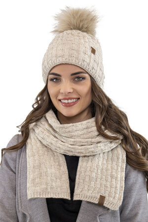 Vivisence Stylish Women's Winter Set Hat With Pompom And Warm Fleece Lining Paired With Classic Matching Scarf Made From Soft And Warm Fabric Perfect For Cold Weather, Beige