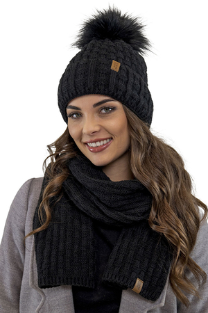 Vivisence Stylish Women's Winter Set Hat With Pompom And Warm Fleece Lining Paired With Classic Matching Scarf Made From Soft And Warm Fabric Perfect For Cold Weather, Black