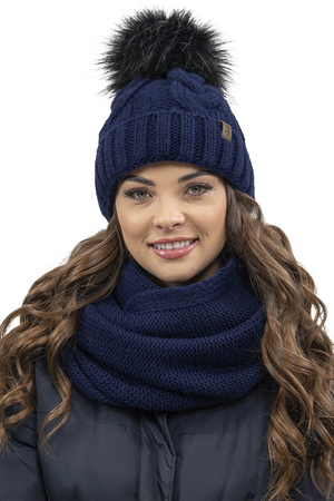 Vivisence Stylish Women's Winter Set Including Pompom Hat And Cozy Snood Scarf Made From Soft And Warm Fabric Smooth Fleece Lining Ideal For Cold Days, Dark Blue