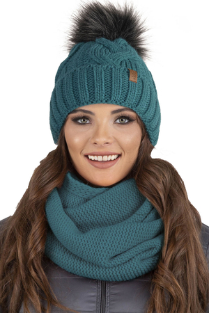 Vivisence Stylish Women's Winter Set Including Pompom Hat And Cozy Snood Scarf Made From Soft And Warm Fabric Smooth Fleece Lining Ideal For Cold Days, Dark Turquoise