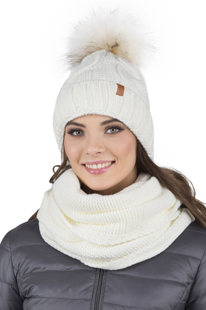 Vivisence Stylish Women's Winter Set Including Pompom Hat And Cozy Snood Scarf Made From Soft And Warm Fabric Smooth Fleece Lining Ideal For Cold Days, Ecru