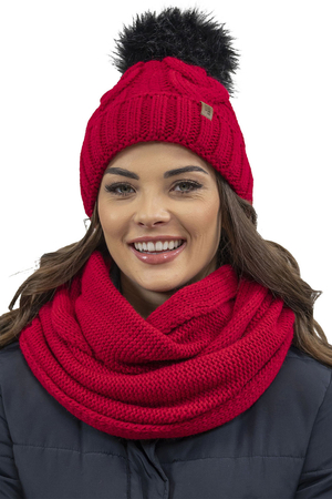 Vivisence Stylish Women's Winter Set Including Pompom Hat And Cozy Snood Scarf Made From Soft And Warm Fabric Smooth Fleece Lining Ideal For Cold Days, Red