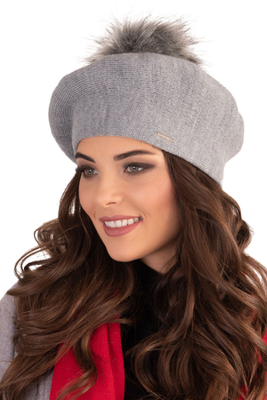 Vivisence Winter Women's Elegant Beret With Classic Design Faux Fur Pompom For Ladies Warm Wool Blend Fabric Perfect For Cold Days And Everyday Wear Autumn And Winter, Grey