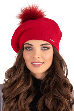 Vivisence Winter Women's Elegant Beret With Classic Design Faux Fur Pompom For Ladies Warm Wool Blend Fabric Perfect For Cold Days And Everyday Wear Autumn And Winter, Red