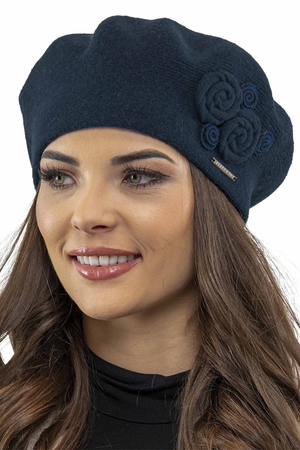 Vivisence Winter Women's Elegant Beret With Classic Design For Ladies Floral Decoration Warm Wool Blend Fabric Ideal For Cold Days And Everyday Wear Autumn And Winter, Dark Blue