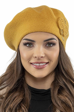 Vivisence Winter Women's Elegant Beret With Classic Design For Ladies Floral Decoration Warm Wool Blend Fabric Ideal For Cold Days And Everyday Wear Autumn And Winter, Honey