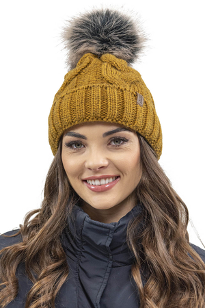 Vivisence Women Winter Hat With Bobble Warm and Cozy Headgear for Winter and Autumn Warm, Thick Knit Hat, Classic Cap for Ladies, Model 7014, Made in The EU, Dark Yellow