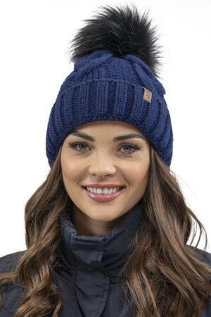 Vivisence Women Winter Hat With Bobble Warm and Cozy Headgear for Winter and Autumn Warm, Thick Knit Hat, Classic Cap for Ladies, Model 7015, Made in The EU, Dark Blue