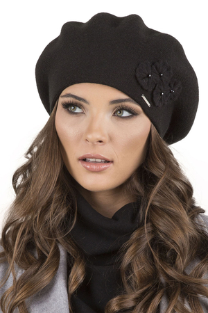 Vivisence Women's Beret Stylish And Elegant With Classic Design And Floral Decoration Made From Warm And Soft Wool For Ladies Perfect For Winter And Everyday Use, Black