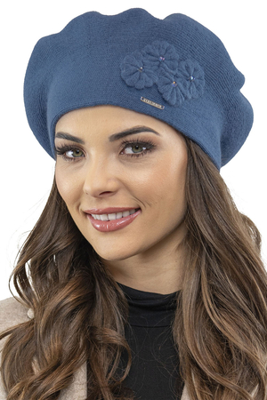 Vivisence Women's Beret Stylish And Elegant With Classic Design And Floral Decoration Made From Warm And Soft Wool For Ladies Perfect For Winter And Everyday Use, Blue