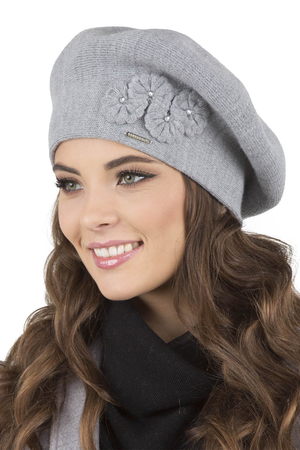 Vivisence Women's Beret Stylish And Elegant With Classic Design And Floral Decoration Made From Warm And Soft Wool For Ladies Perfect For Winter And Everyday Use, Light Grey