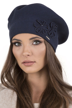 Vivisence Women's Stylish And Elegant Ladies Beret With Classic Design And Floral Decoration For Ladies Made From Acrylic Perfect For Winter And Outdoor Use, Dark Blue