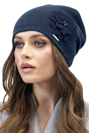 Vivisence Women's Winter Beanie With Warm Thick Fabric Flower Detail Pleated Back For Ladies Ideal For Cold Weather And Everyday Wear For Autumn And Winter, Dark Blue