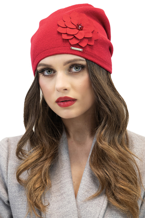 Vivisence Women's Winter Beanie With Warm Thick Fabric Flower Detail Pleated Back For Ladies Ideal For Cold Weather And Everyday Wear For Autumn And Winter, Red