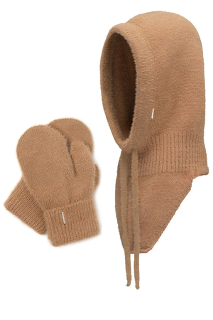 Women's Hood And Gloves for Winter and Autumn Set Stylish Balaclava Warm And Functional For Cold Weather Comfort With Soft Yarn And Elegant Tinsel Detail 7097Kmpl, Carmel