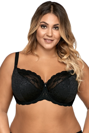 Ava 925 underwired semi padded full cup sheer floral lace bra adjustable straps, Black